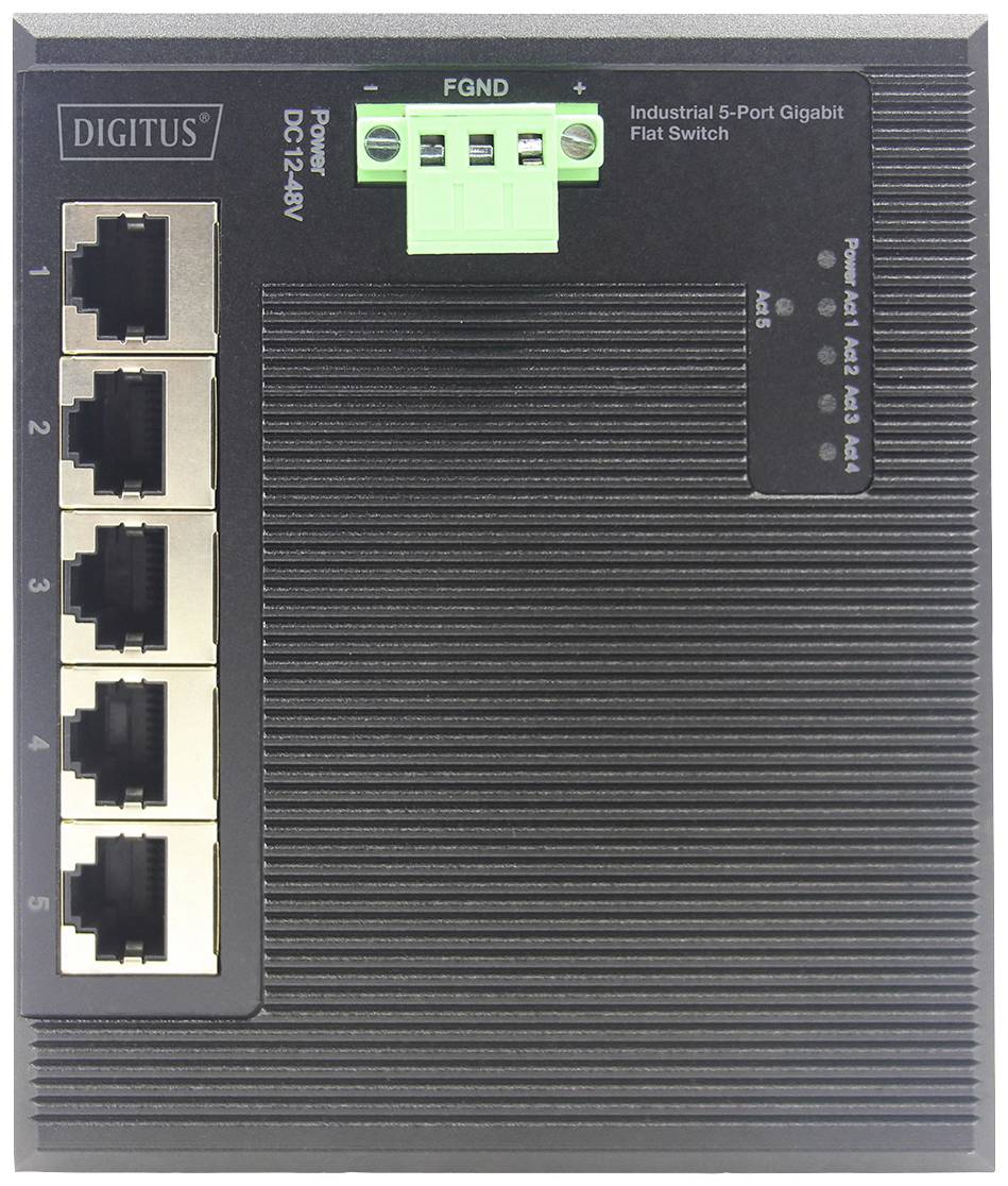 'Industrieller 5-Port Gigabit Flachschalter' mit fünf Ethernet-Ports und grüner Stromversorgungsanschlussleiste auf schwarzem Gehäuse.