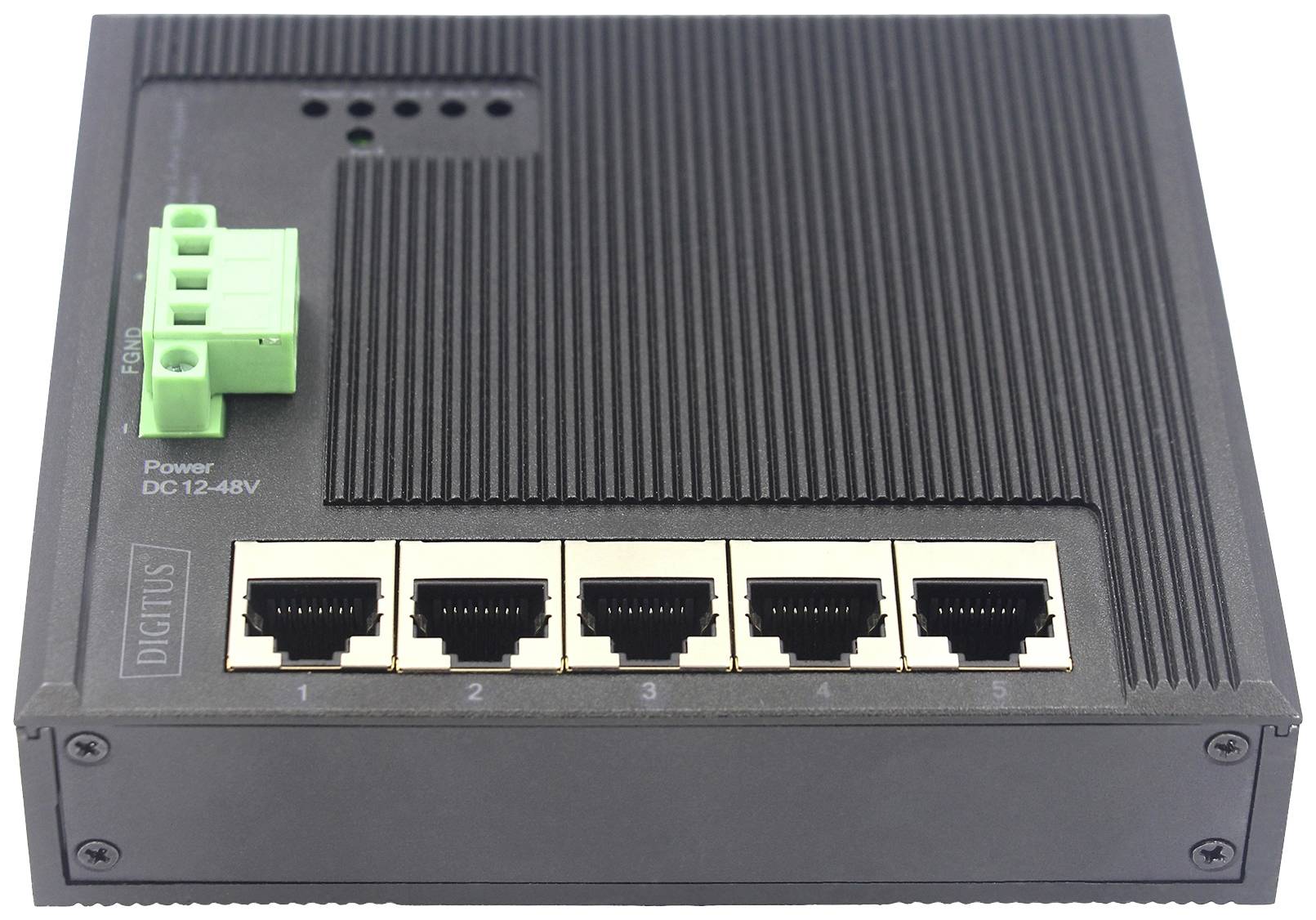 Ein Netzwerk-Switch mit fünf Ethernet-Ports und einem grünen Anschluss für Stromversorgung, gekennzeichnet mit 'Power DC 12-48V'.
