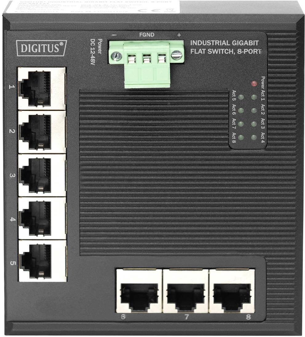 'Industrial Gigabit Flat Switch, 8-Port' mit 6 vertikalen und 2 horizontalen Ethernet-Anschlüssen. Oben: grüne Stromanschlüsse.