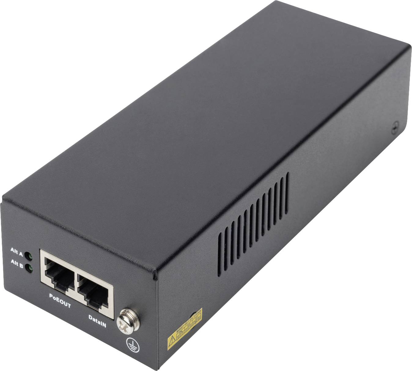 Ein schwarzes Netzwerkgerät mit zwei Ethernet-Ports und LED-Anzeigen für 'AUX 1' und 'AUX 2', sowie einem PoE-Ausgang.