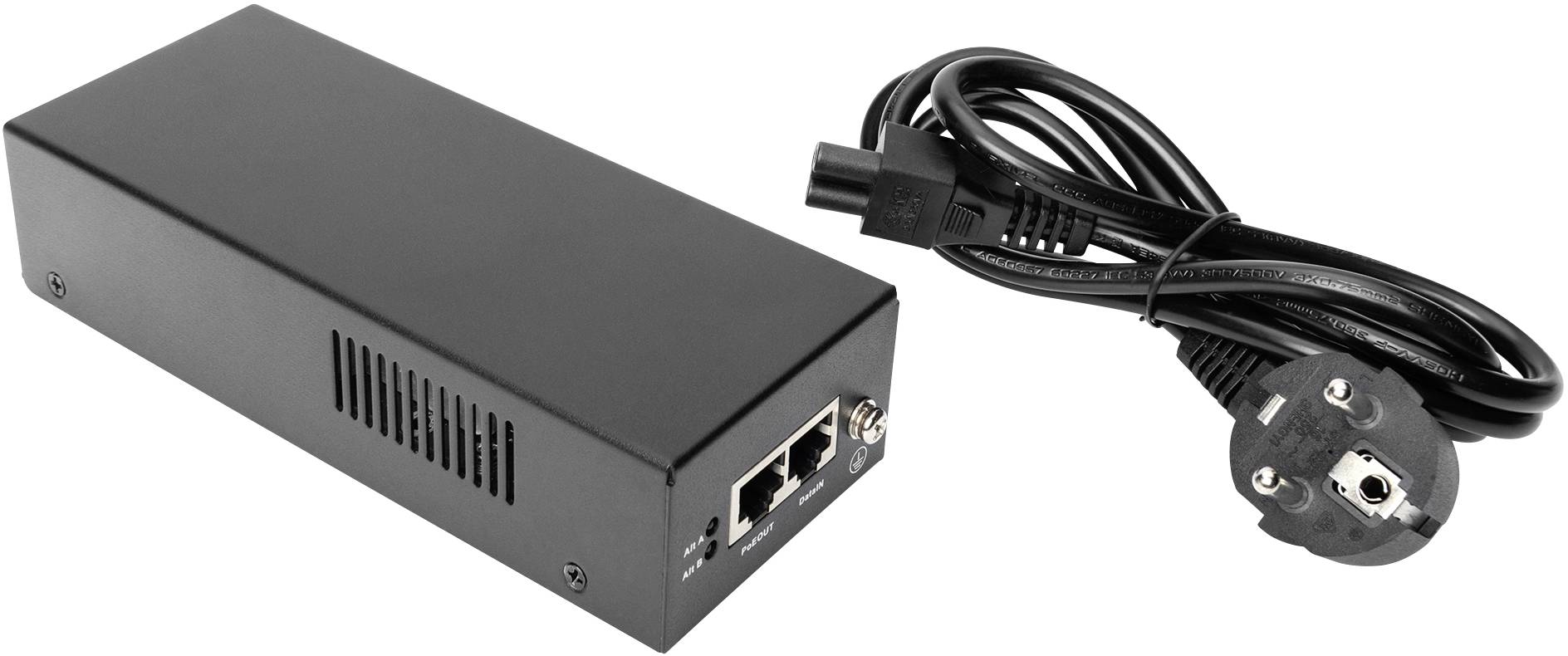 Schwarzes Netzteil mit Lüftungsschlitz und zwei Ethernet-Anschlüssen, daneben ein abnehmbares Stromkabel mit Stecker.