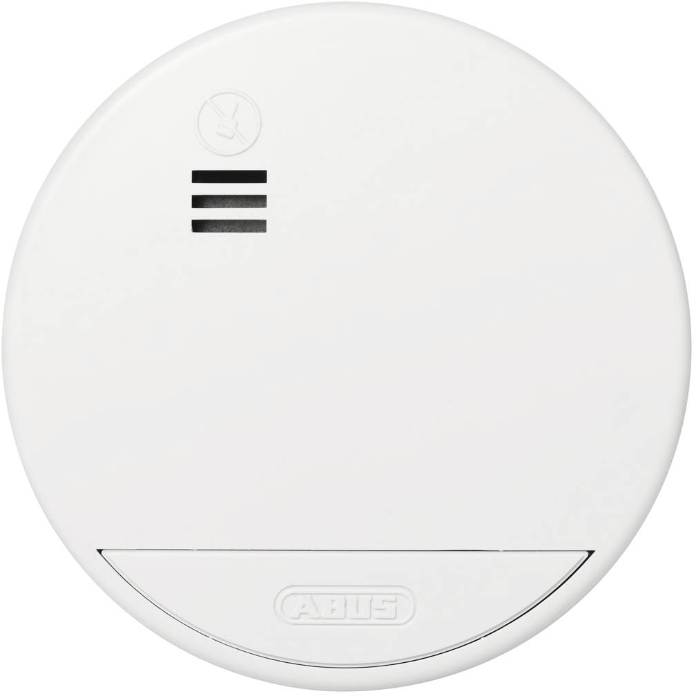 Ein weißer Rauchmelder mit schwarzem Lüftungsschlitz, markiert mit 'ABUS'. Runde Form, schlichtes Design, für Brandschutz.