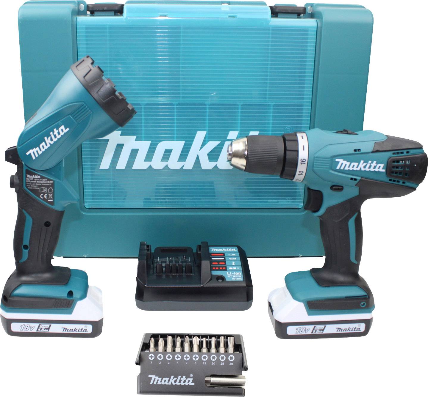 Makita DF457DWLX1 Akku-Bohrschrauber 18V 1.5Ah Li-Ion inkl. 2. Akku, inkl. Akku-Lampe, inkl. Koffer, mit Zubehör