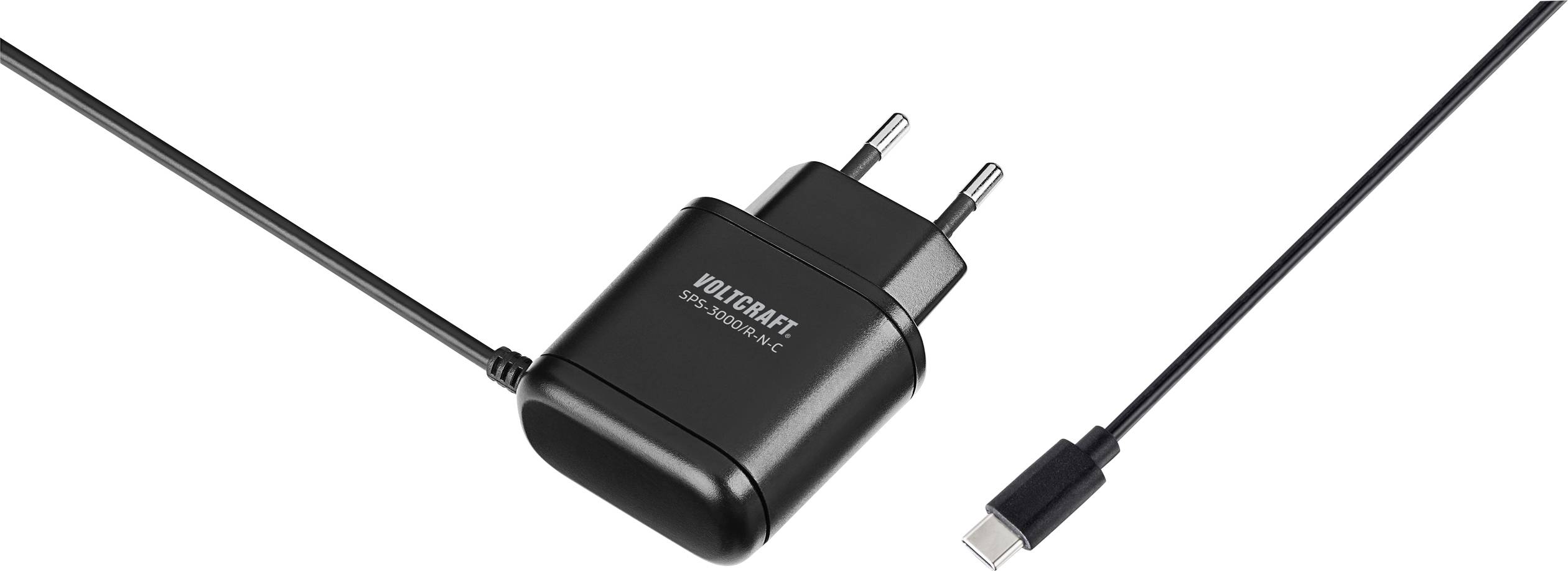 Ein schwarzes USB-C-Ladegerät mit europäischem Stecker und langem Kabel, beschrieben als 'VICTORY GATE Schnellladegerät'.