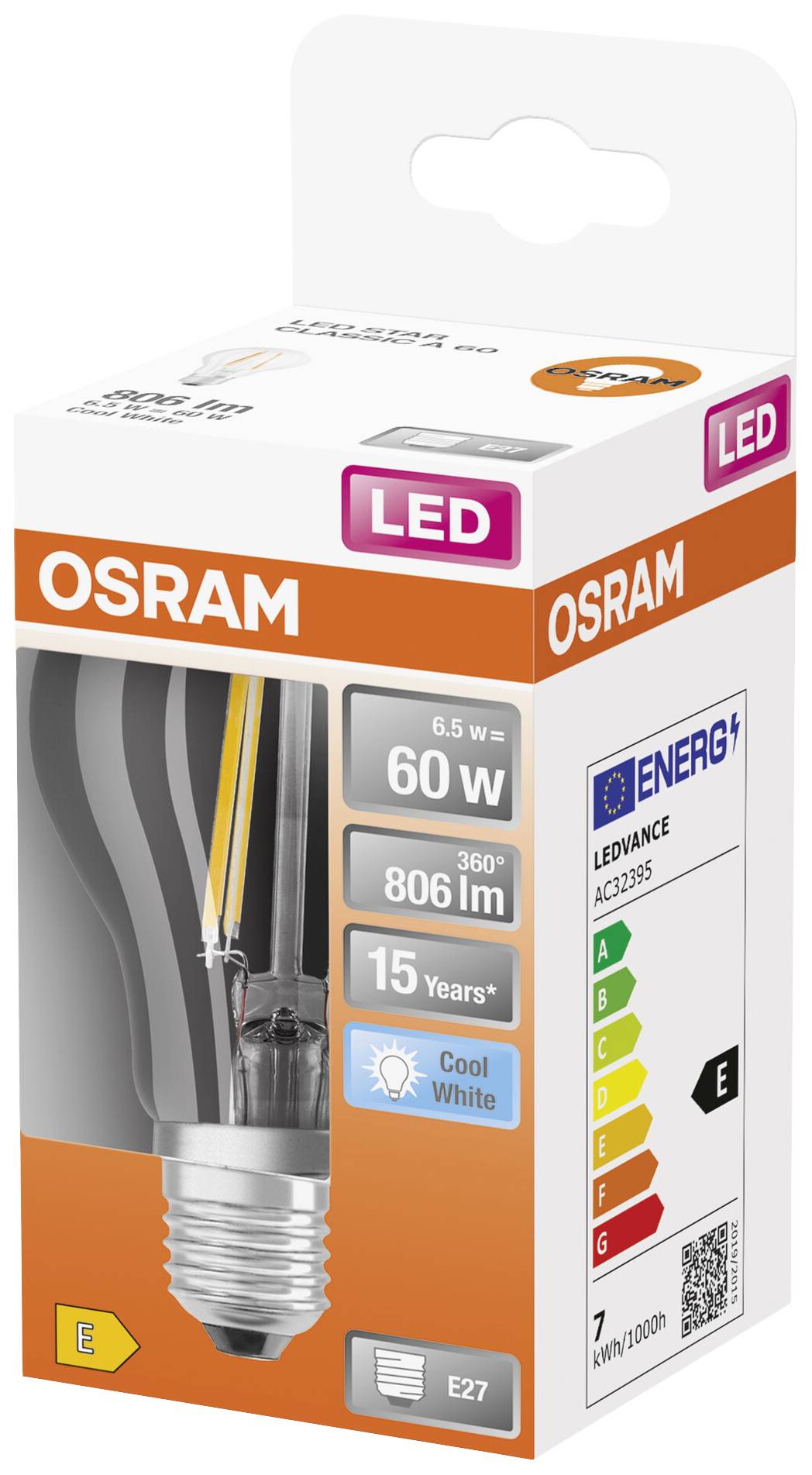 OSRAM HOMELIGHTING 4058075112308 LED EEK E (A - G) E27 Glühlampenform 6.5W = 60W Kaltweiß (Ø x L) 60mm x 105mm 1St.