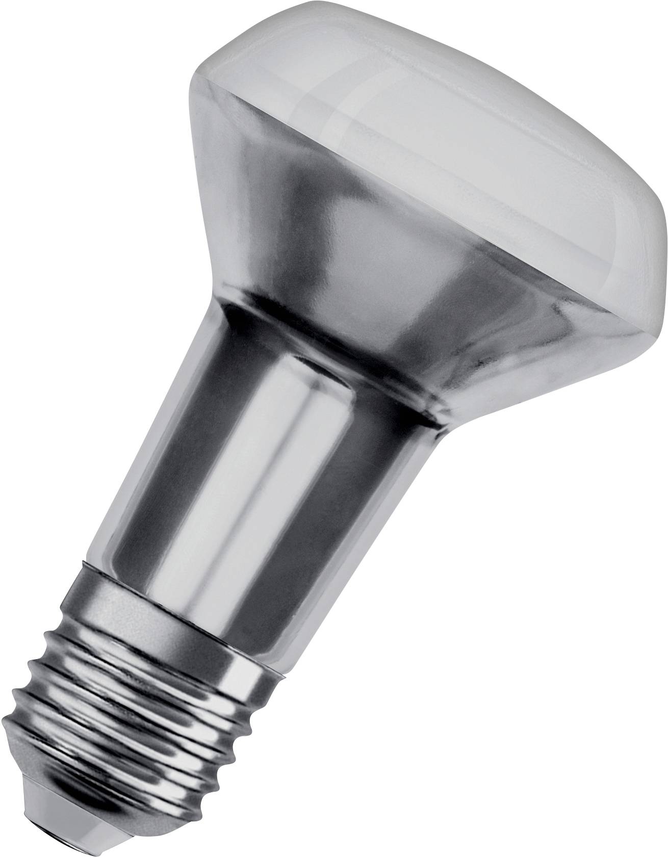 Eine silberne LED-Glühbirne mit E27-Sockel, geeignet für den Einsatz in Standardlampenfassungen.
