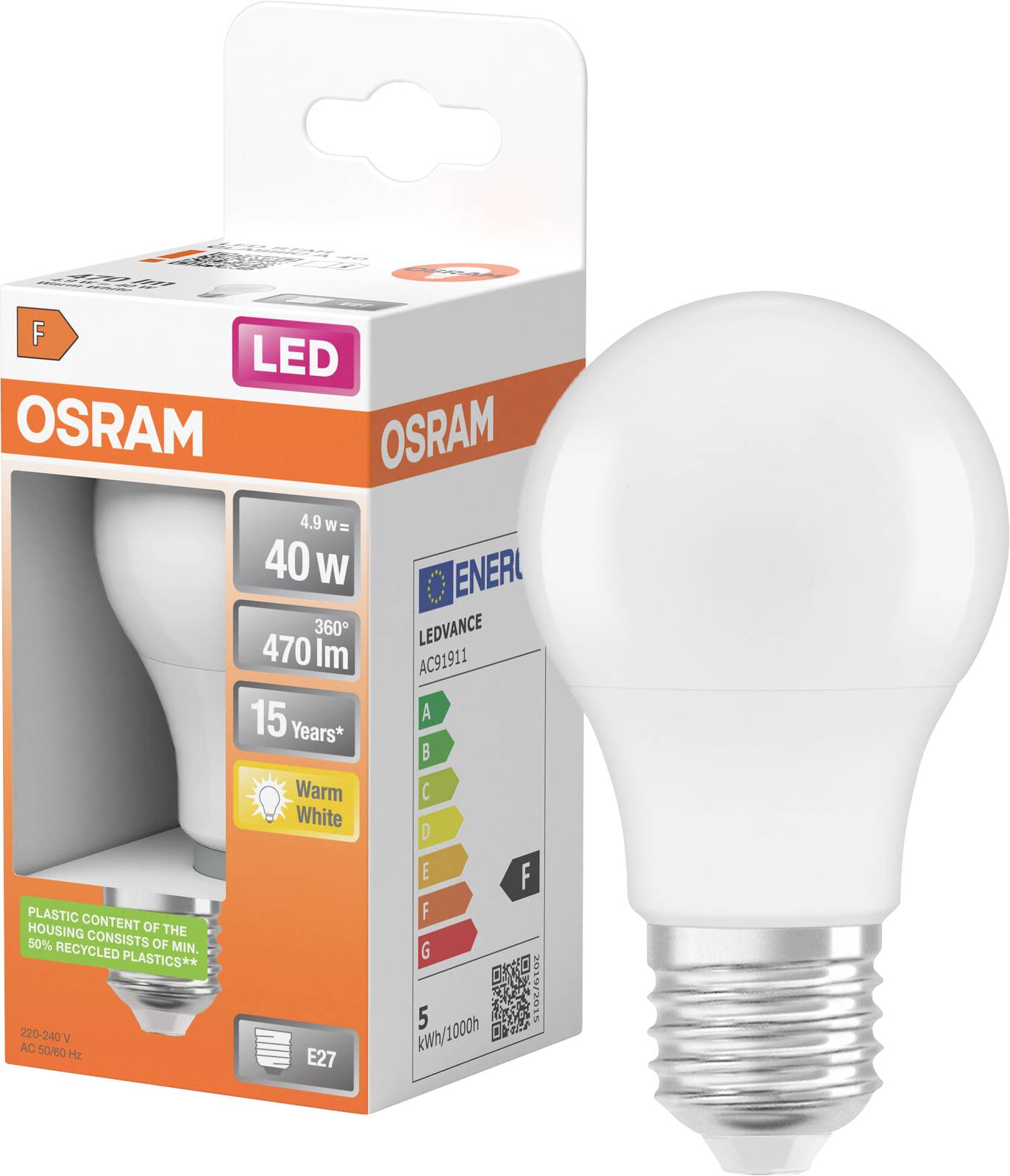 OSRAM LED-Glühbirne neben ihrer Einzelhandelsverpackung, gekennzeichnet mit 40W-Äquivalent, 470 lm, warmweiß, E27.