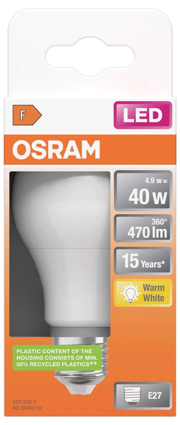 OSRAM LED-Glühbirne Verpackung mit einer 4,9W-Birne, entsprechend 40W, 470 lm, 15 Jahre Lebensdauer, Warmweiß, E27-Sockel.