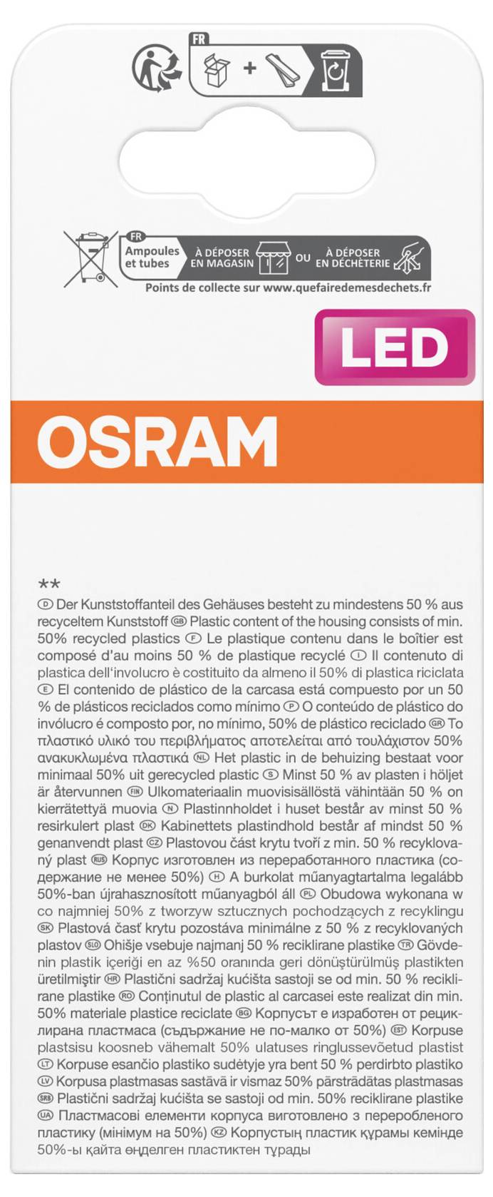 OSRAM LED-Glühbirnenverpackung mit Recycling- und Entsorgungsanweisungen, mit einem rosa 