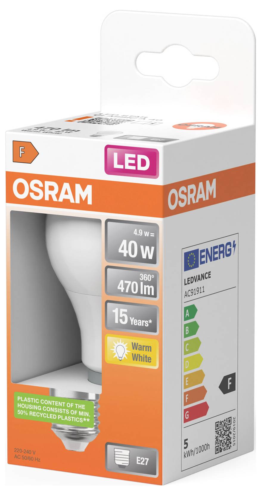 OSRAM LED-Glühbirne in Verpackung mit 40W-Entsprechung, 470lm, warmweiß, E27-Fassung und Energieeffizienzklasse F.