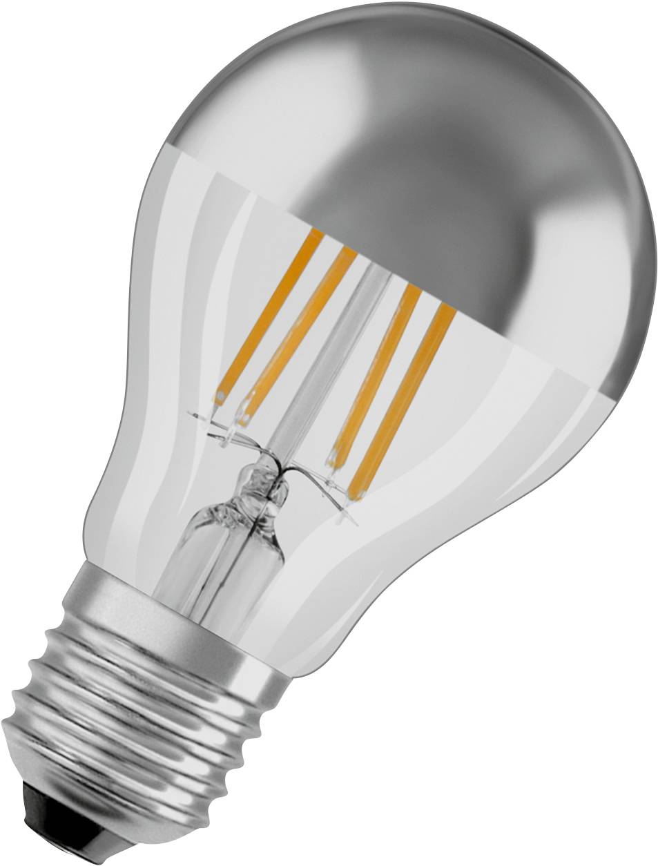 Eine LED-Glühbirne mit E27-Sockel, sichtbar sind die filigranen Leuchtdioden im Inneren.