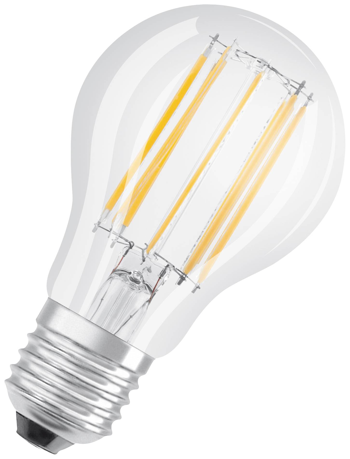 Eine LED-Glühbirne mit sichtbaren Filamenten und Schraubsockel, zeigt moderne Energiespartechnik.