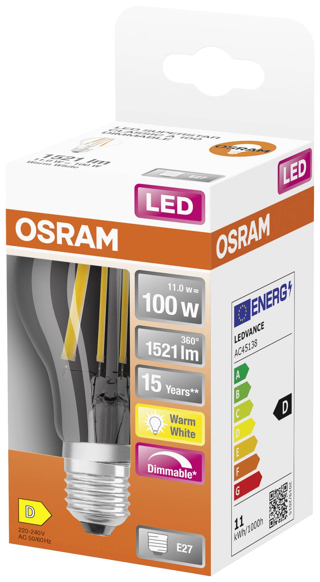 Eine Glühbirnenverpackung von Osram. Typ: LED, 100W, 1521 Lumen, warmweiß, dimmbar, Energieeffizienzklasse D, Lebensdauer: 15 Jahre.