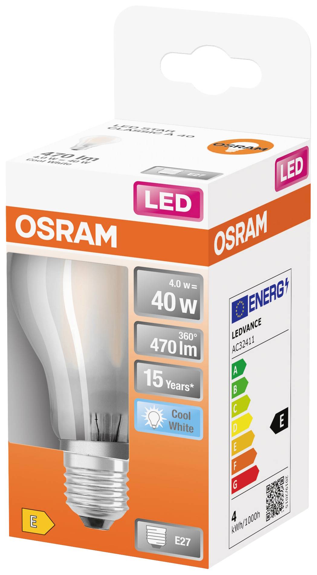 Eine OSRAM-LED-Glühbirne mit 40 W Äquivalent, 470 Lumen, 15 Jahre Lebensdauer, kühles Weiß. Effizienzklasse E. Verpackung in Orange und Weiß.