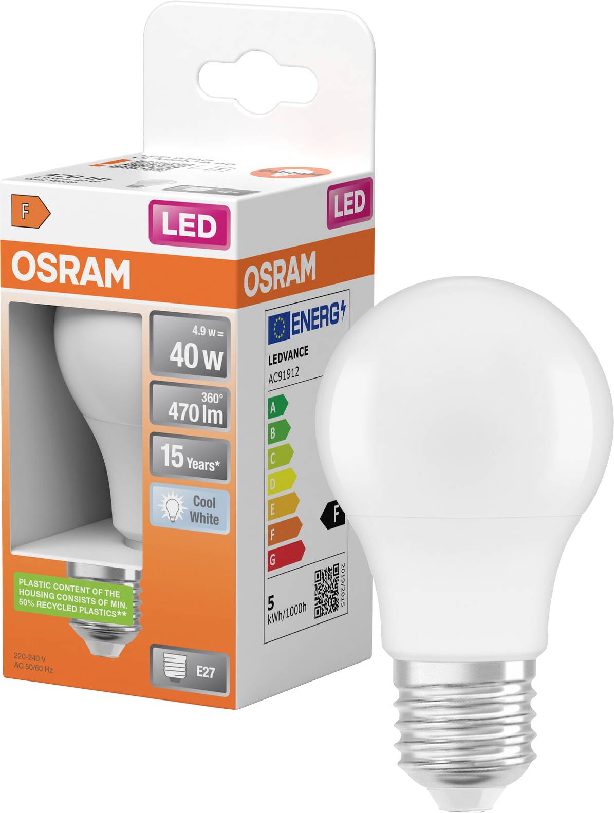 OSRAM LED-Glühbirne in Verpackung, gekennzeichnet mit 4,9W, 40W Entsprechung, 470 lm, kaltweißes Licht, E27-Sockel.