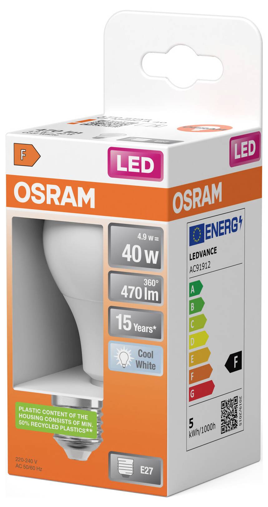 OSRAM LED-Glühbirne Einzelhandelsverpackung mit Angabe von 40-W-Äquivalent, 470 lm, Kaltweiß, E27-Sockel, Energieeffizienzklasse F.