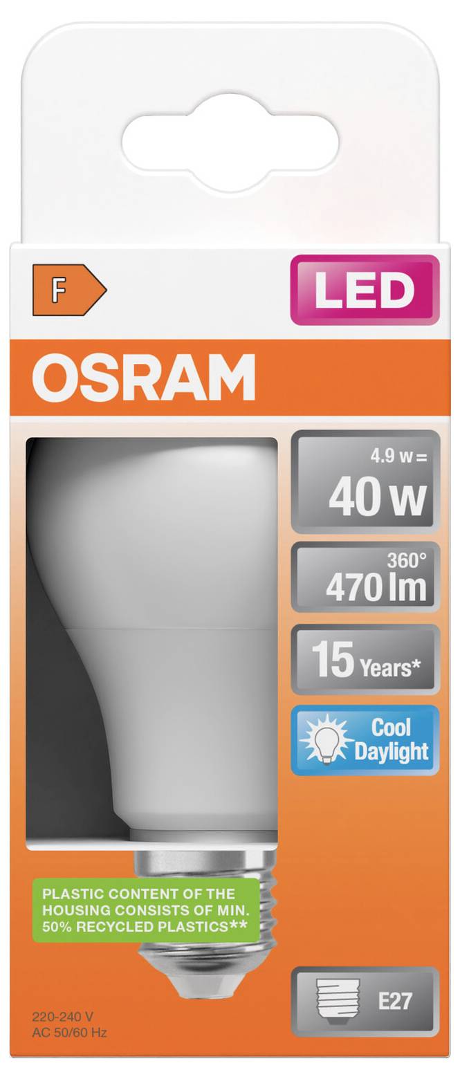 Packung einer OSRAM-LED-Glühbirne mit der Kennzeichnung „40 W Äquivalent