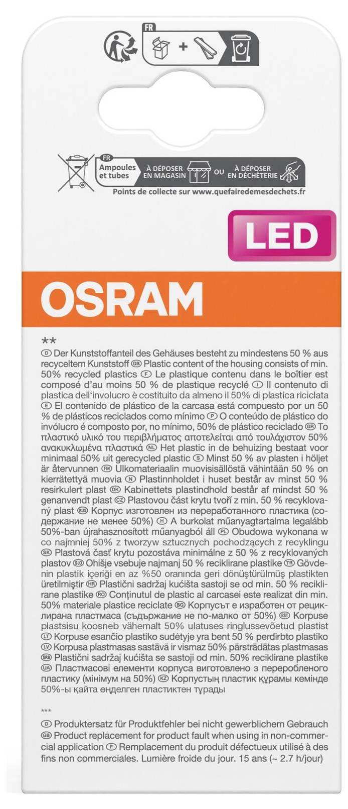 OSRAM LED-Glühbirnenverpackung mit Recycling- und Entsorgungssymbolen, zeigt mehrsprachige Produkt- und Nachhaltigkeitsinformationen.