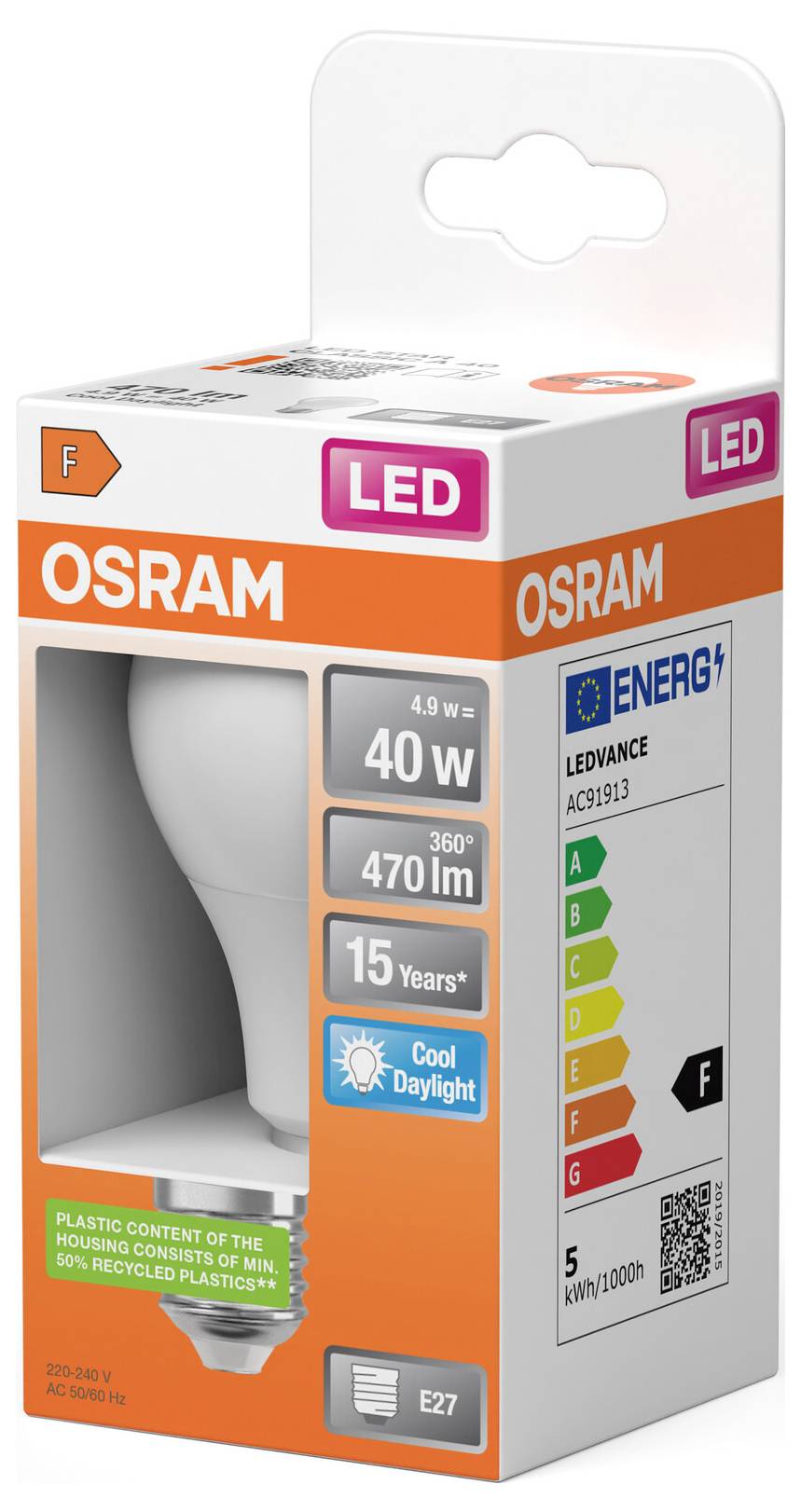 OSRAM LED-Glühbirne mit einer Entsprechung von 40W, 470 lm, Kaltes Tageslicht, E27, Energieeffizienzklasse F.