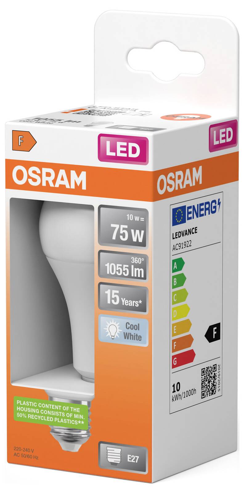 OSRAM LED-Glühbirne in orange-weißer Verpackung, die ein 75-W-Äquivalent, 1055 lm, kaltweißes Licht, E27-Fassung und Energieeffizienzklasse F zeigt.