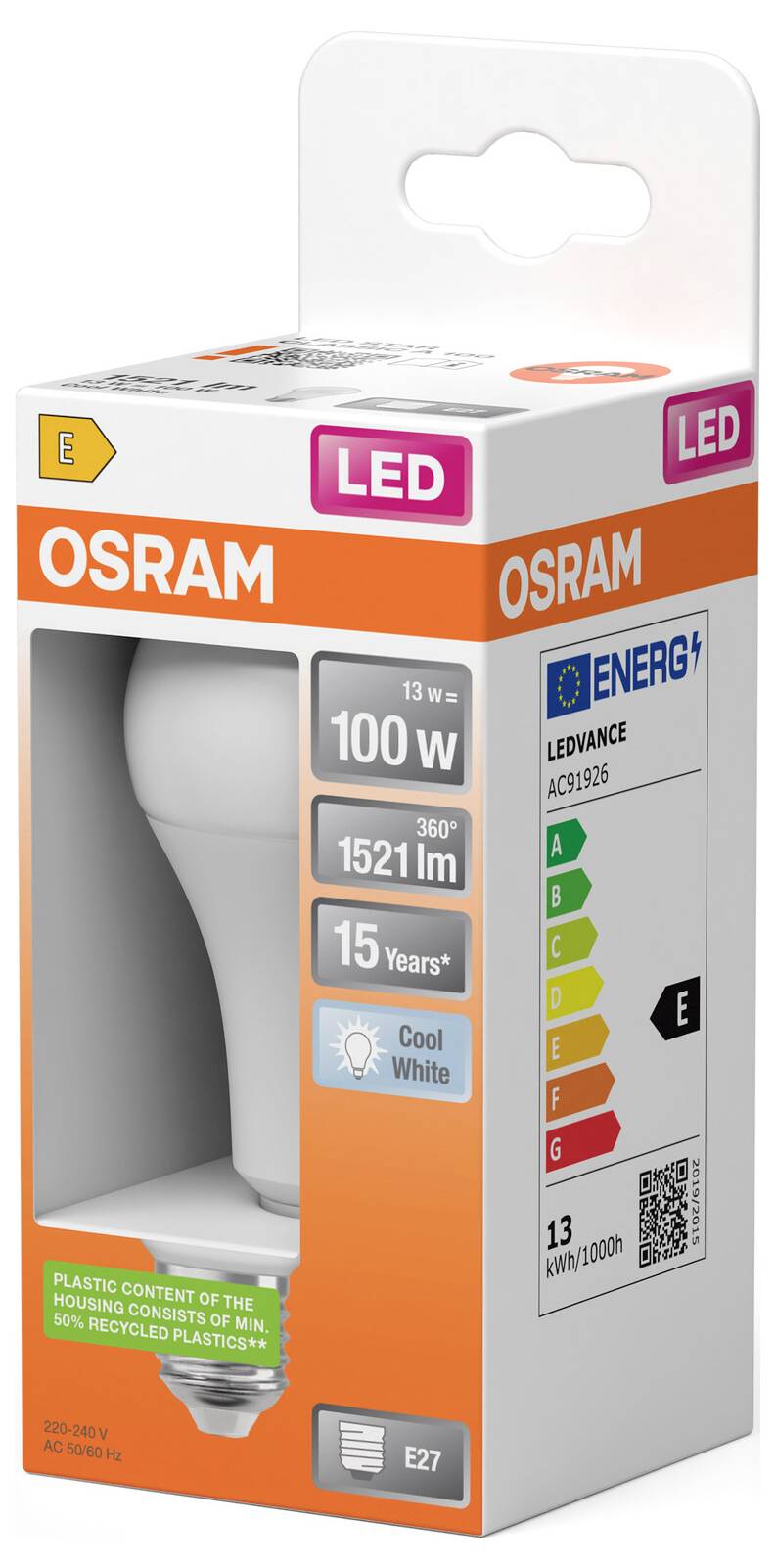 OSRAM LEDVANCE LED-Glühbirnenverpackung, die eine 100-W-äquivalente, 1521 lm, kaltweise, E27-Glühbirne mit Energieklasse E zeigt.