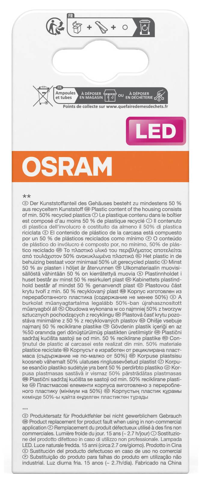 OSRAM LED-Glühbirne in Verpackung mit weißem Etikett, orangefarbenem Markenband, großem rosa 