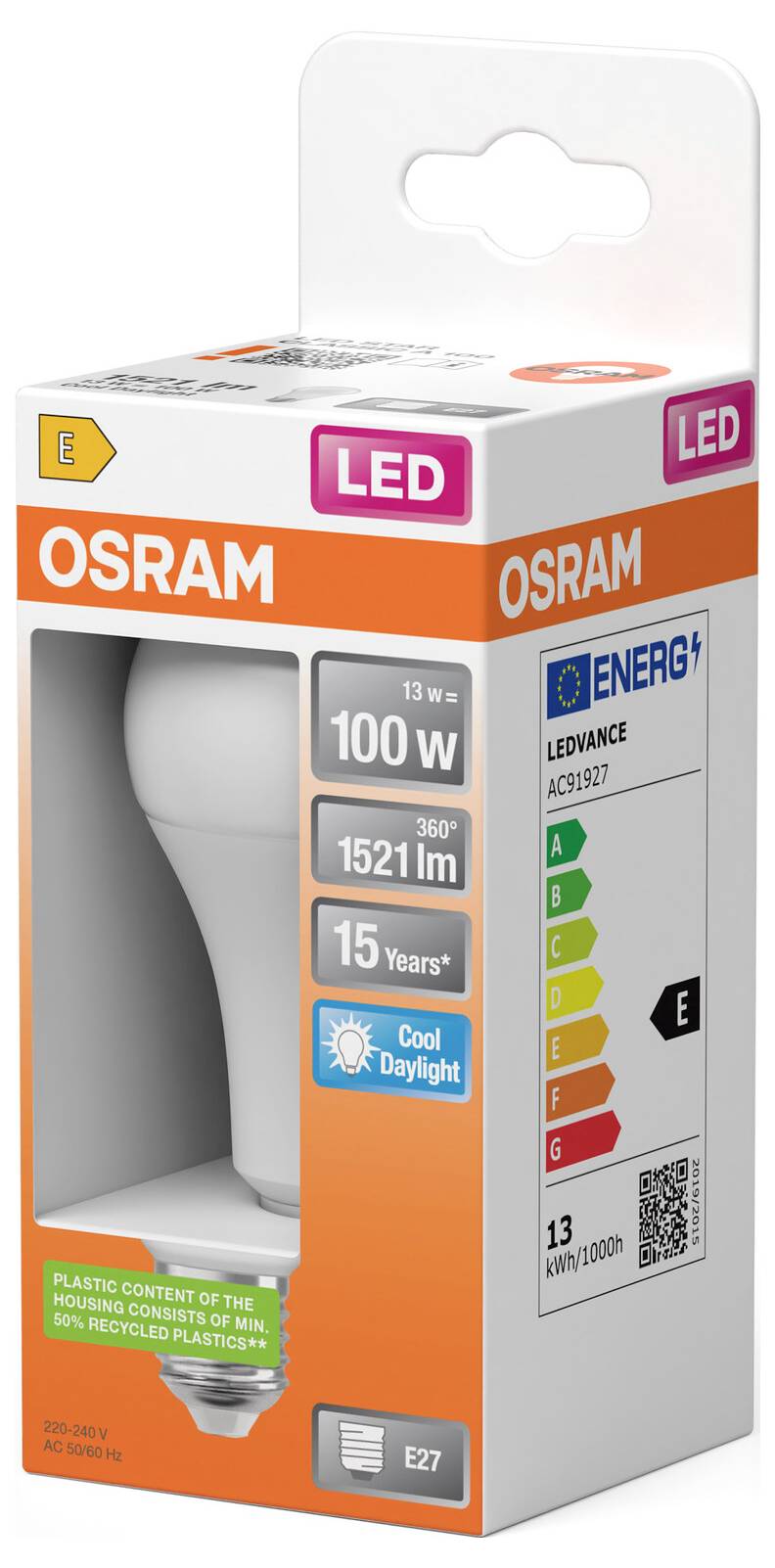 OSRAM LEDVANCE LED-Glühbirne Karton mit Angabe eines 100-W-Äquivalents, 1521 lm, kühles Tageslicht, 15-jährige Lebensdauer, E27-Sockel und Energieeffizienzklasse E.