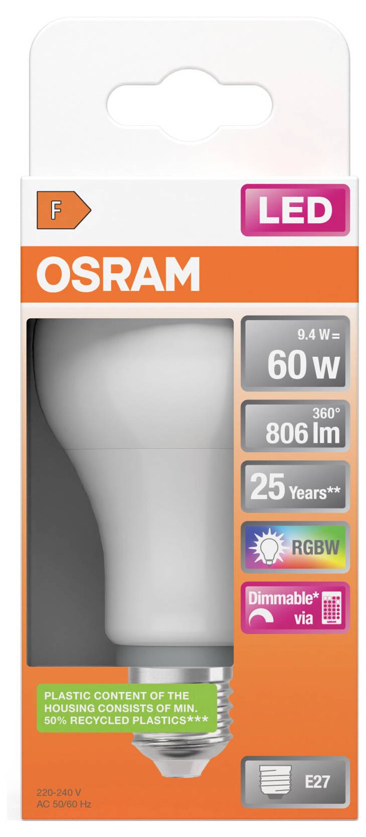 OSRAM LED-Glühbirne Verpackung mit folgenden Angaben: 60-W-Äquivalent, 806 Lumen, dimmbar, E27-Sockel und Lebensdauergarantie von 25 Jahren.