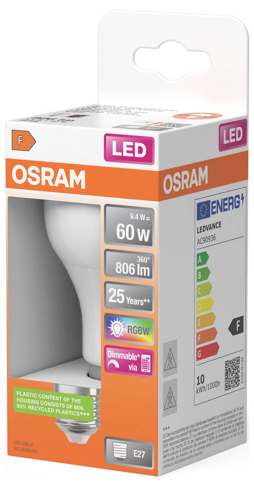 OSRAM LED-Glühbirne Verpackung, gekennzeichnet mit 60-W-Äquivalent, 806 lm, 25 Jahre, dimmbar, E27, mit Energieeffizienzklasse F.