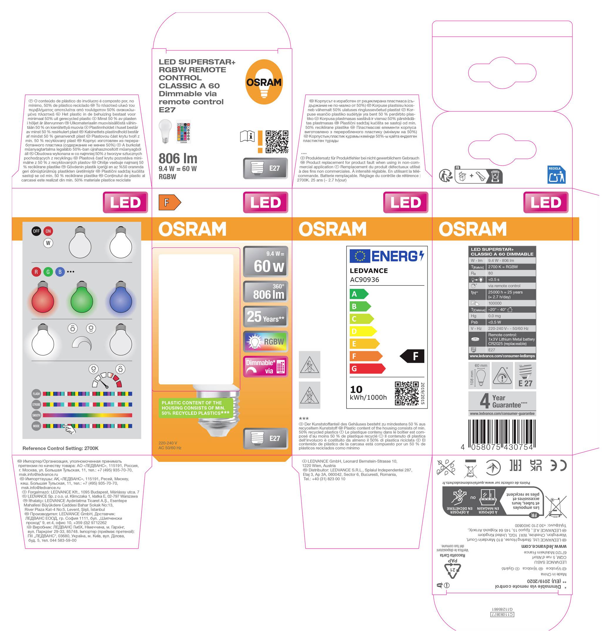Collage von OSRAM LED-Glühbirnenverpackungen und Etiketten, die Produktbranding, Wattleistung, Lichtstromausgabe, Energieeinstufung und Nutzungsinformationen auf den Verpackungspanelen zeigen.