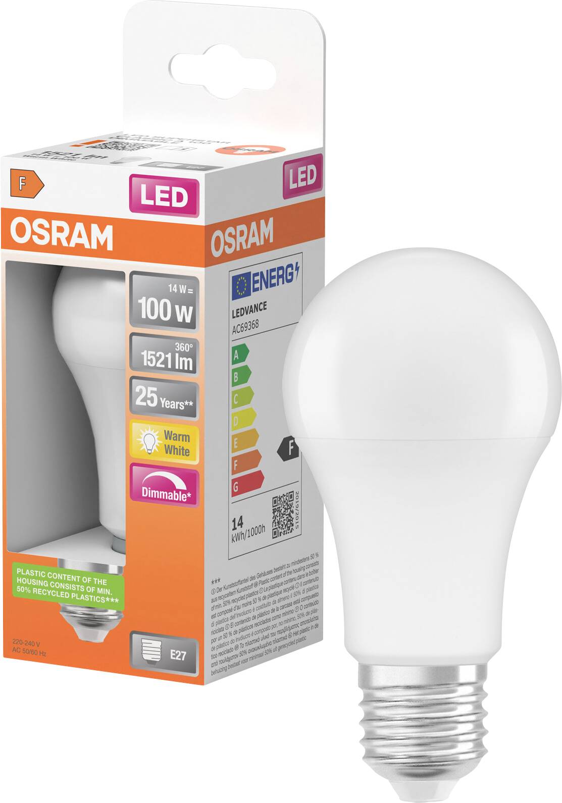 OSRAM LED-Glühbirne in Einzelhandelsverpackung, beschriftet mit 14W, 100W-Äquivalent, 1521 lm, warmweiß, dimmbar, E27-Fassung.
