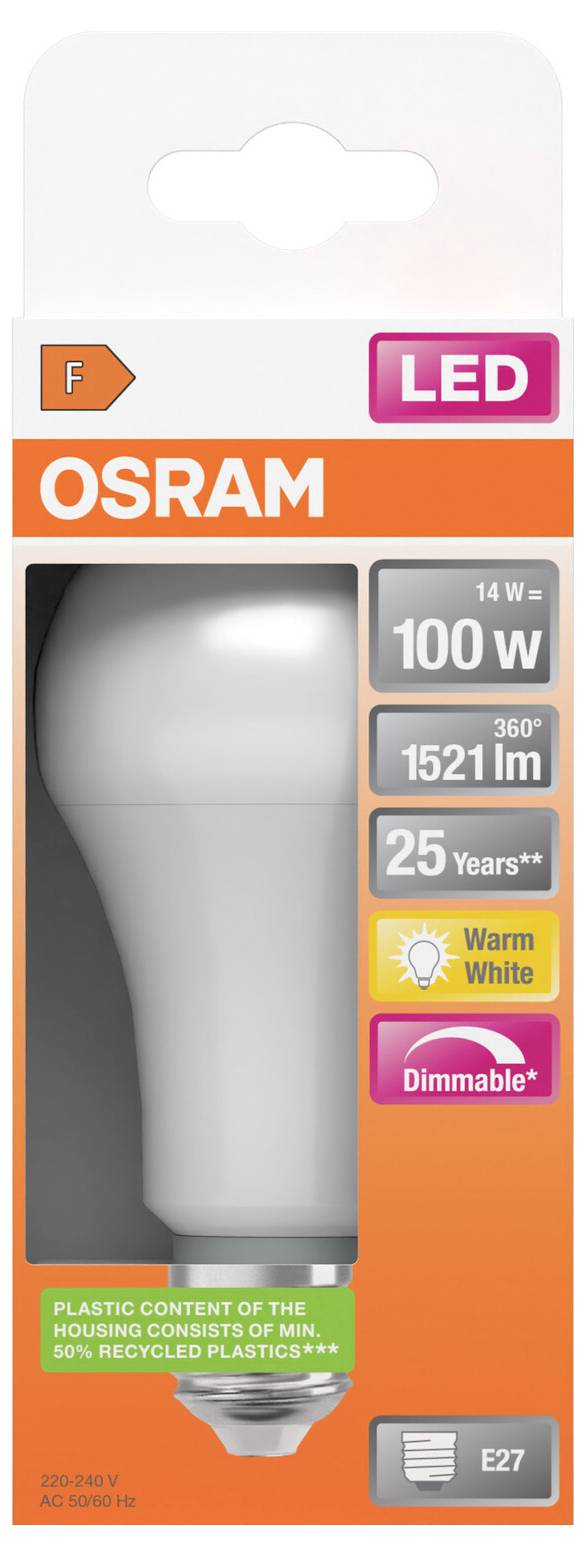 OSRAM LED-Glühbirnenpackung mit einer 14-W-Lampe, 100-W-Äquivalent, 1521 lm warmweiß dimmbar mit E27-Fassung und Energieklasse F.