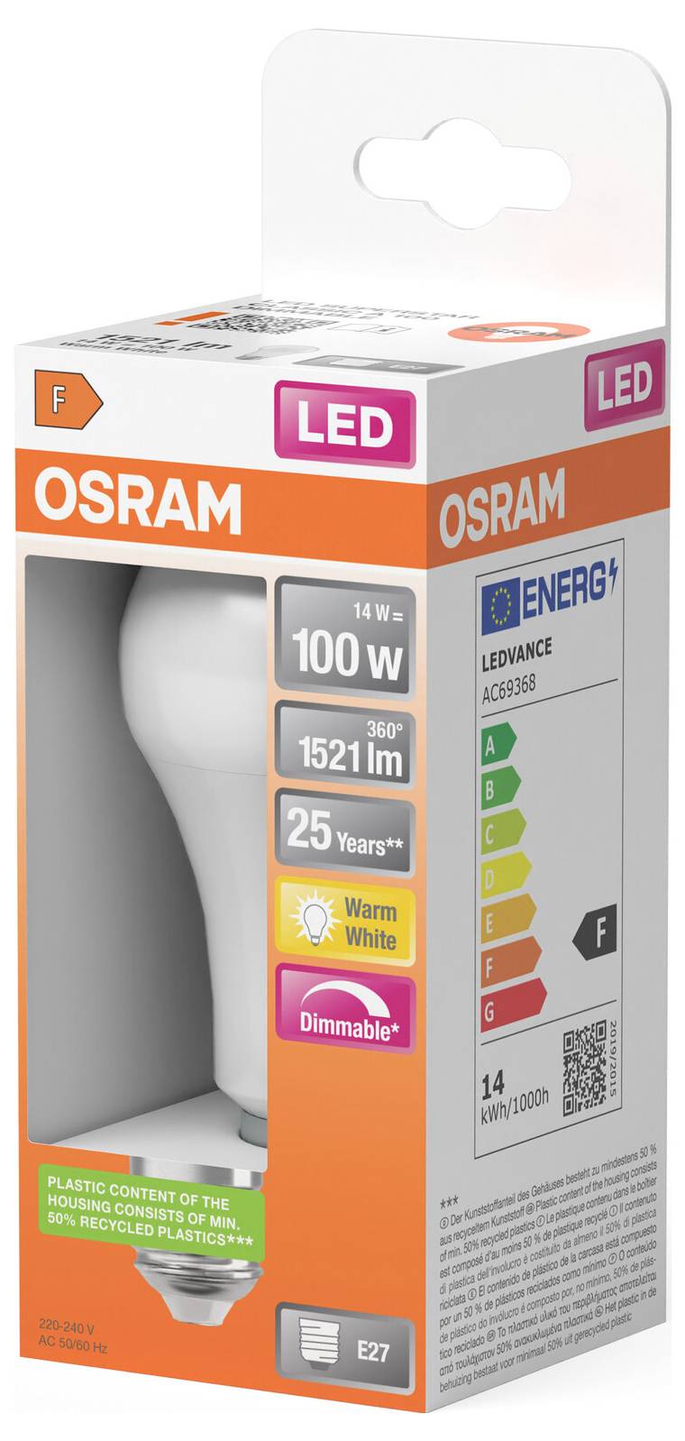 OSRAM LED-Glühbirnenschachtel mit einer 14W/100W warmweißen dimmbaren Glühbirne mit Energieklasse F und E27-Sockel.