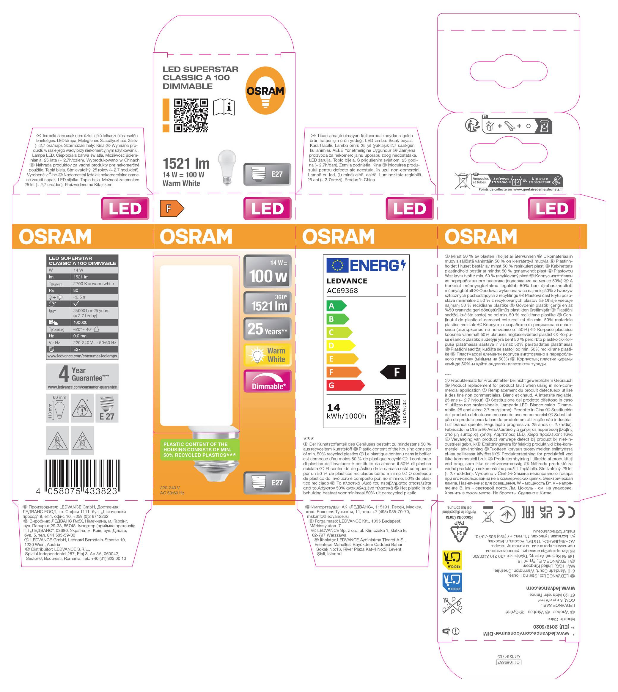 Collage von OSRAM LED-Glühbirnen-Verpackungsboxen mit Vorder-, Rück- und Seitenetiketten mit Wattleistung, Lumen, Energieeinstufung und Produktdetails.