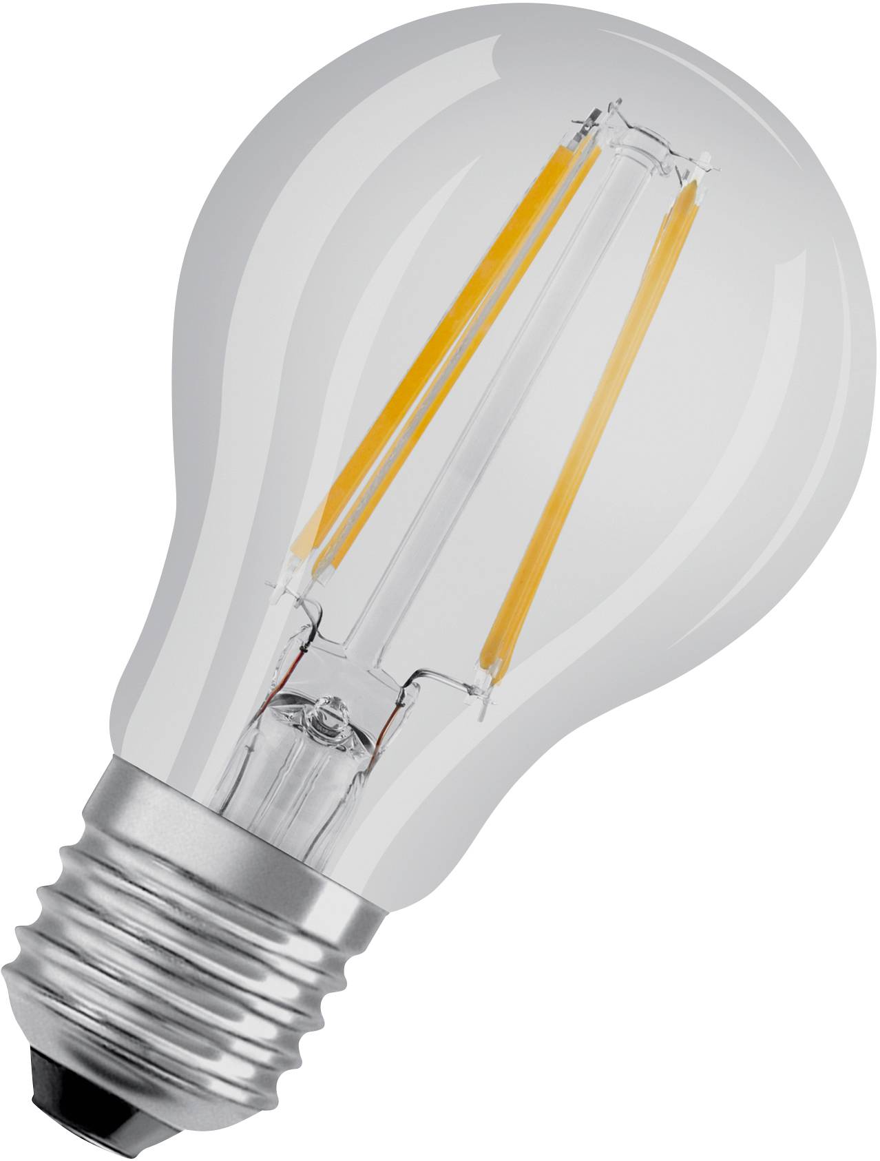 LED-Glühbirne, leuchtend in kühlem Weiß, mit sichtbaren Filamenten und E27-Sockel, vor weißem Hintergrund.