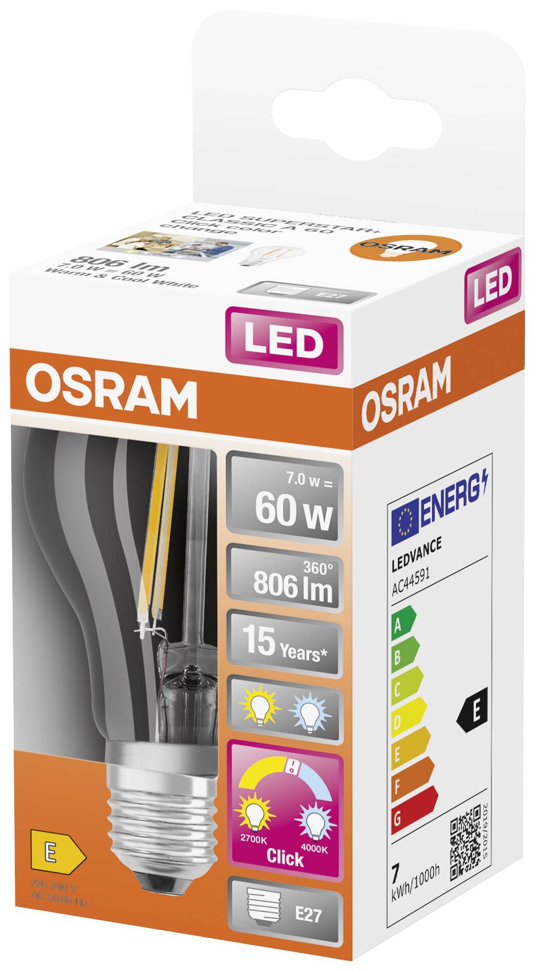Osram LED Lampe, 7.0W = 60W, 806 Lumen, warmweiß, E27 Fassung, Energieklasse E, Lebensdauer 15 Jahre, 360° Lichtverteilung.
