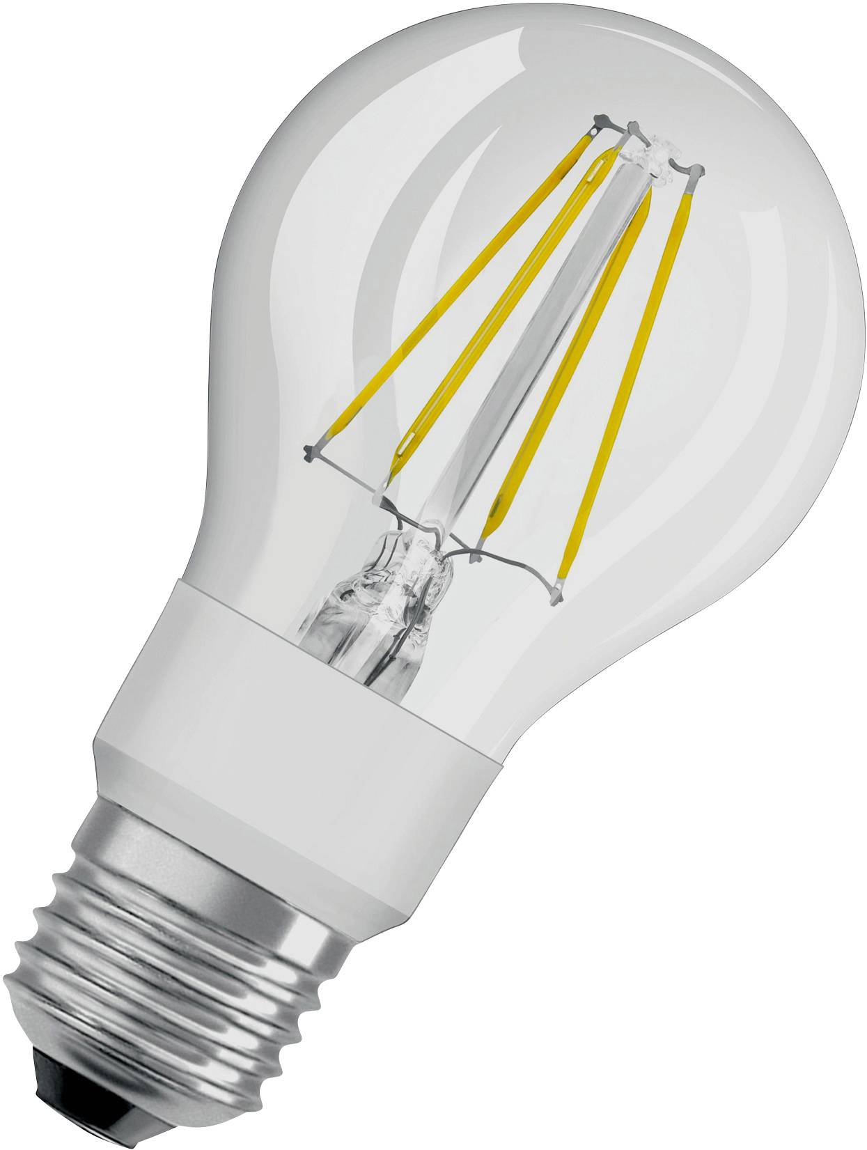 LED-Glühbirne mit sichtbaren gelben Filamenten und einem E27-Sockel.
