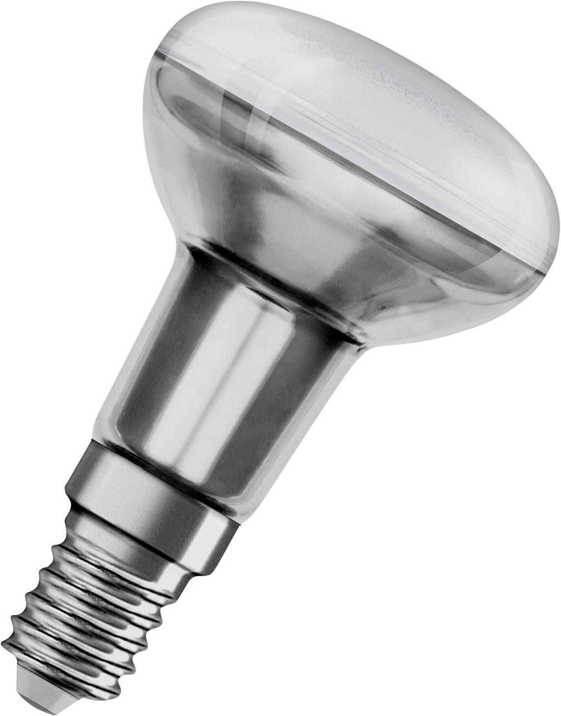 Eine silberne LED-Spotlampe mit E14-Sockel, betrachtet im Profil. Sie hat einen reflektierenden Lampenkopf, geeignet für gezielte Beleuchtung.