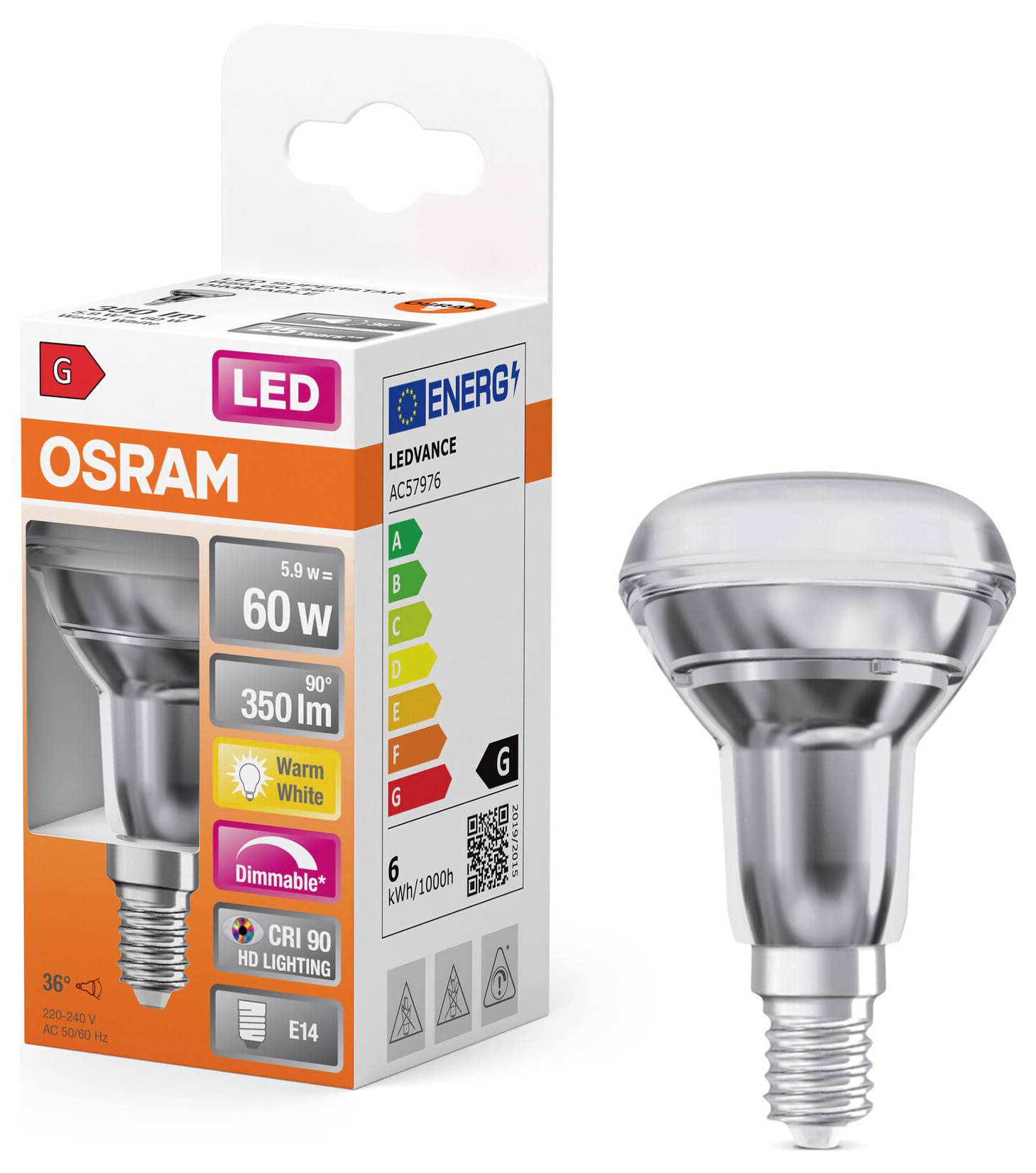 LED-Glühlampe mit E14-Fassung, 5,9 W entspricht 60 W, 350 lm, warmweiß, CRI 90, dimmbar. Energieklasse G. Verpackung zeigt OSRAM-Marke.