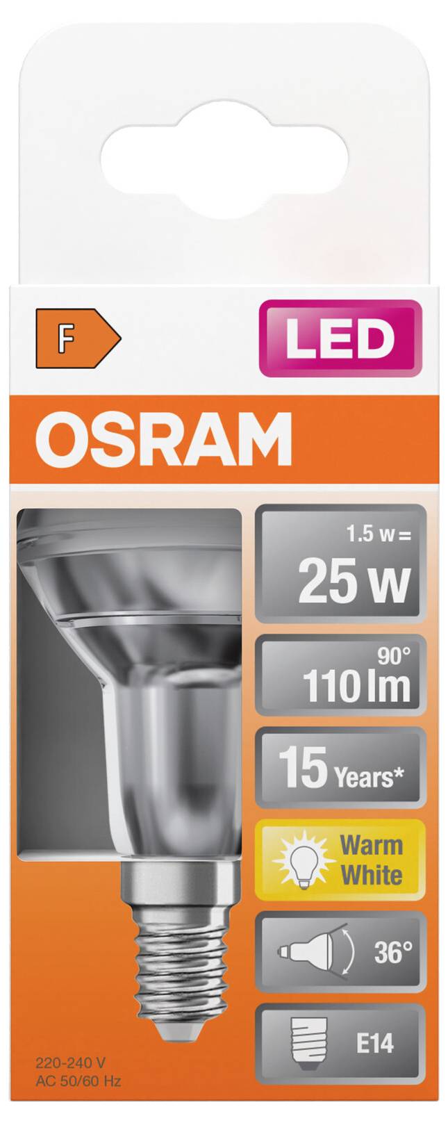 OSRAM LED-Lampe, 1,5 W = 25 W, 110 lm, warmweiß, E14, 15 Jahre Lebensdauer, 36° Abstrahlwinkel, Energieklasse F.