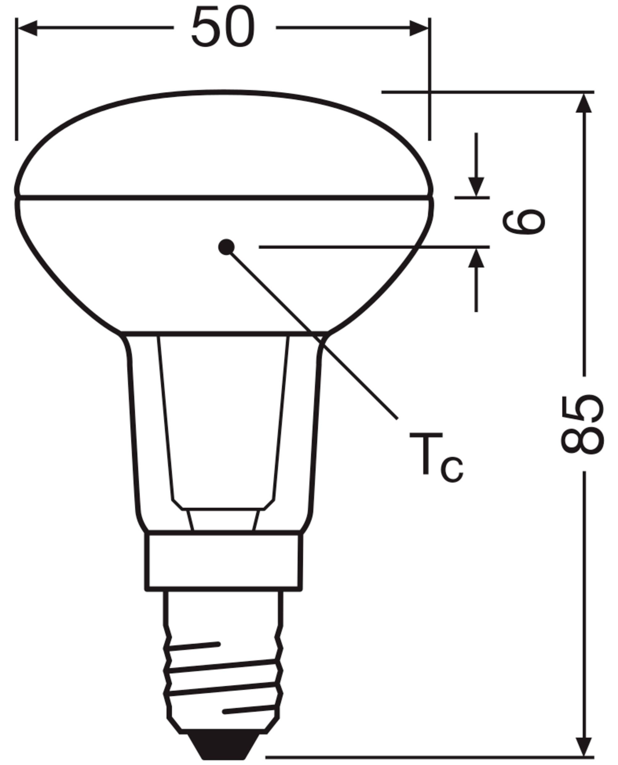 Diagramm einer Glühbirne mit den Maßen: Höhe 85 mm, Breite 50 mm. Abstand von Oberkante zur Messlinie 6 mm. Markierungspunkt Tc.