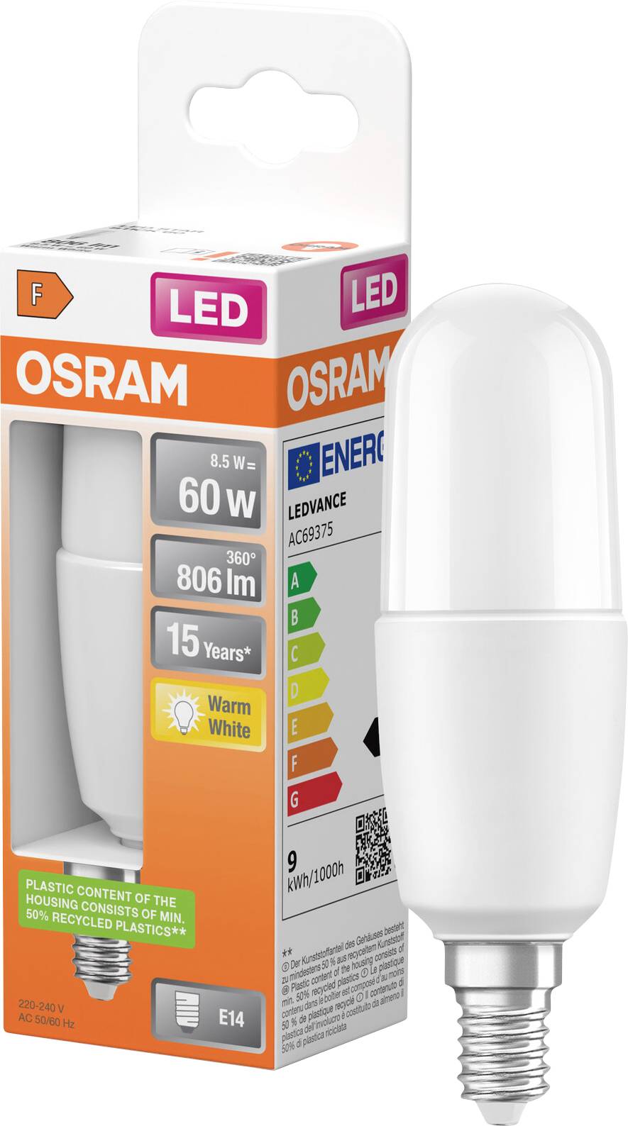 OSRAM LED-Glühbirne, Packung, 8,5W entspricht 60W, warmweiß, E14-Sockel, mit Energieeffizienzlabel.