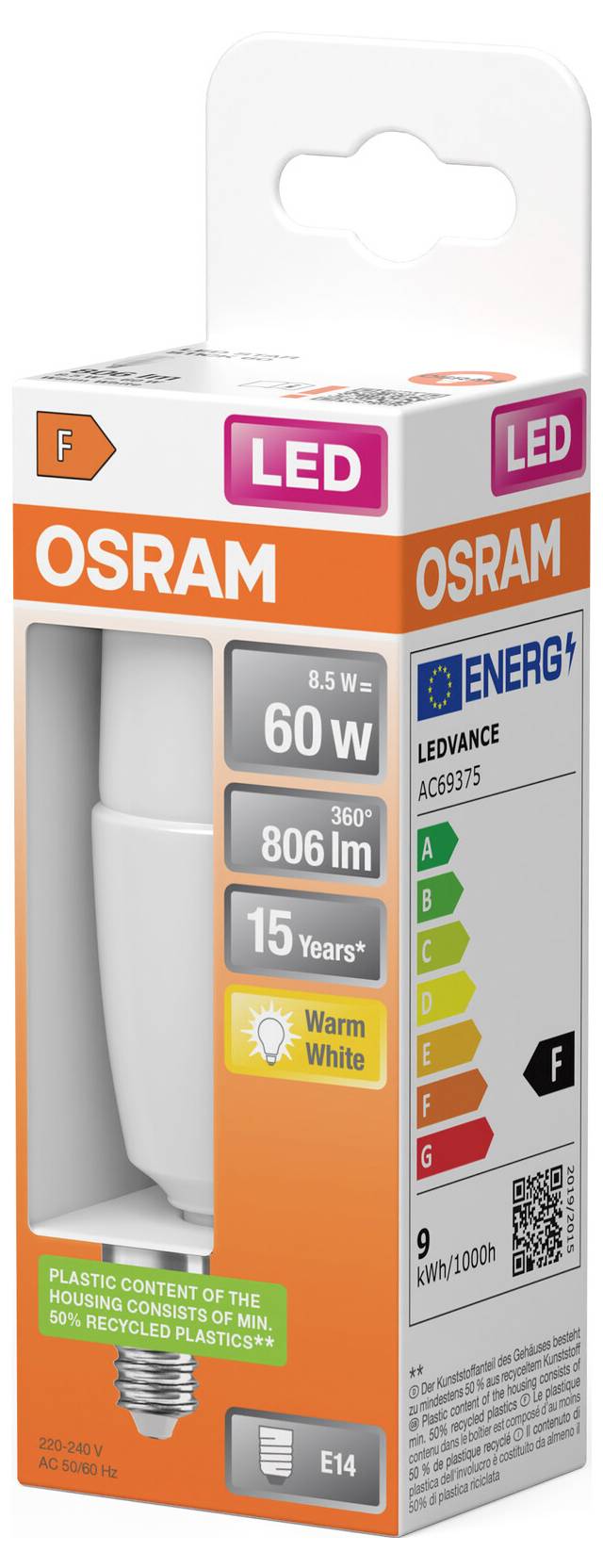 OSRAM LED-Lampenverpackungskasten, zeigt eine 60-W-Äquivalent-Glühbirne mit 806 lm, Warmweiß, E14-Fassung und Energieeffizienzklassenetiketten.