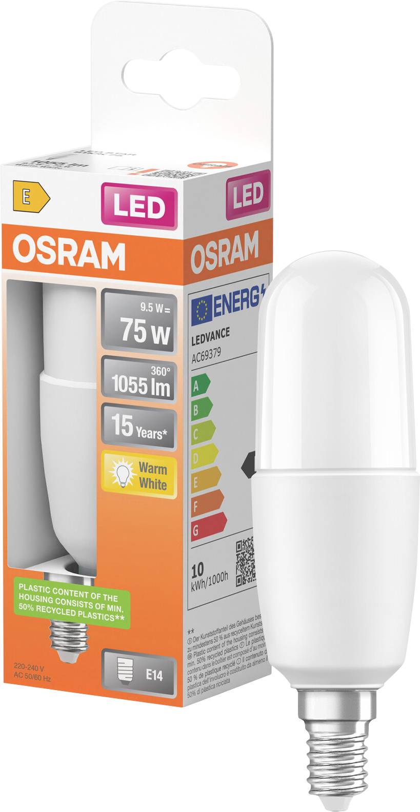 OSRAM LED-Glühbirne in Verpackung, zeigt eine 7,5W, 1055 lm, E14 Warmweiß-Glühbirne mit Energieeffizienzklasse A+.
