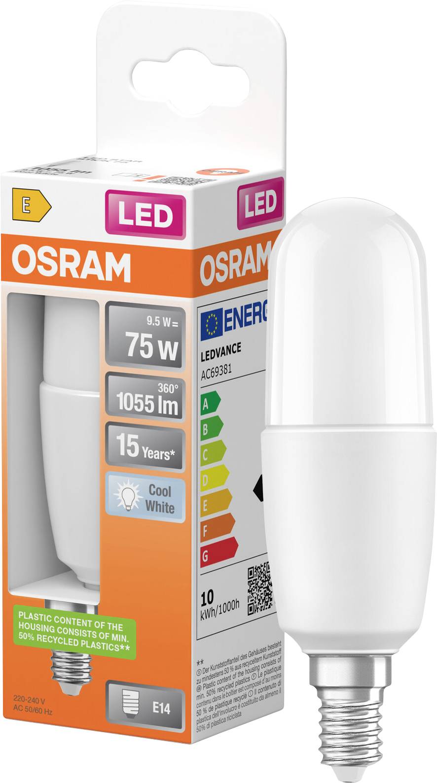 OSRAM LED-Glühbirne in Einzelhandelskarton, gekennzeichnet mit 75W Äquivalent, 9,5W, 1055 lm, Kaltweiß, E14-Sockel, mit auf der Verpackung angezeigter Energieeffizienzklasse.