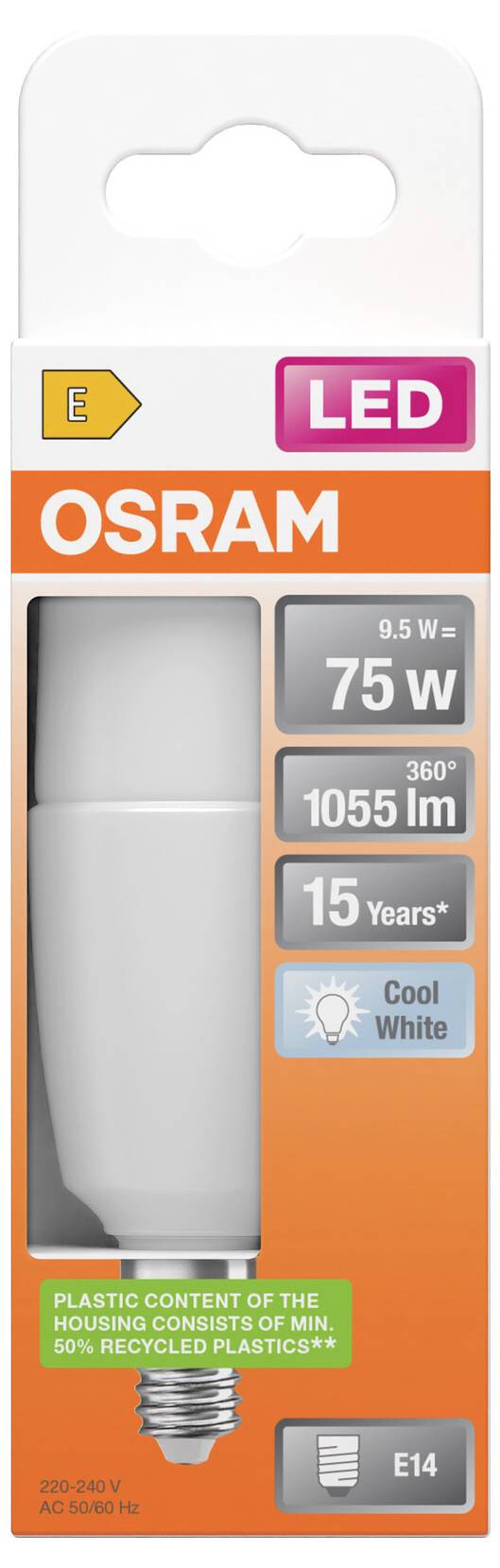 OSRAM LED-Glühbirnenverpackung zeigt eine 9,5-W-Glühbirne entspricht 75 W, 1055 lm, 15 Jahre, kühles Weiß, E14-Sockel.