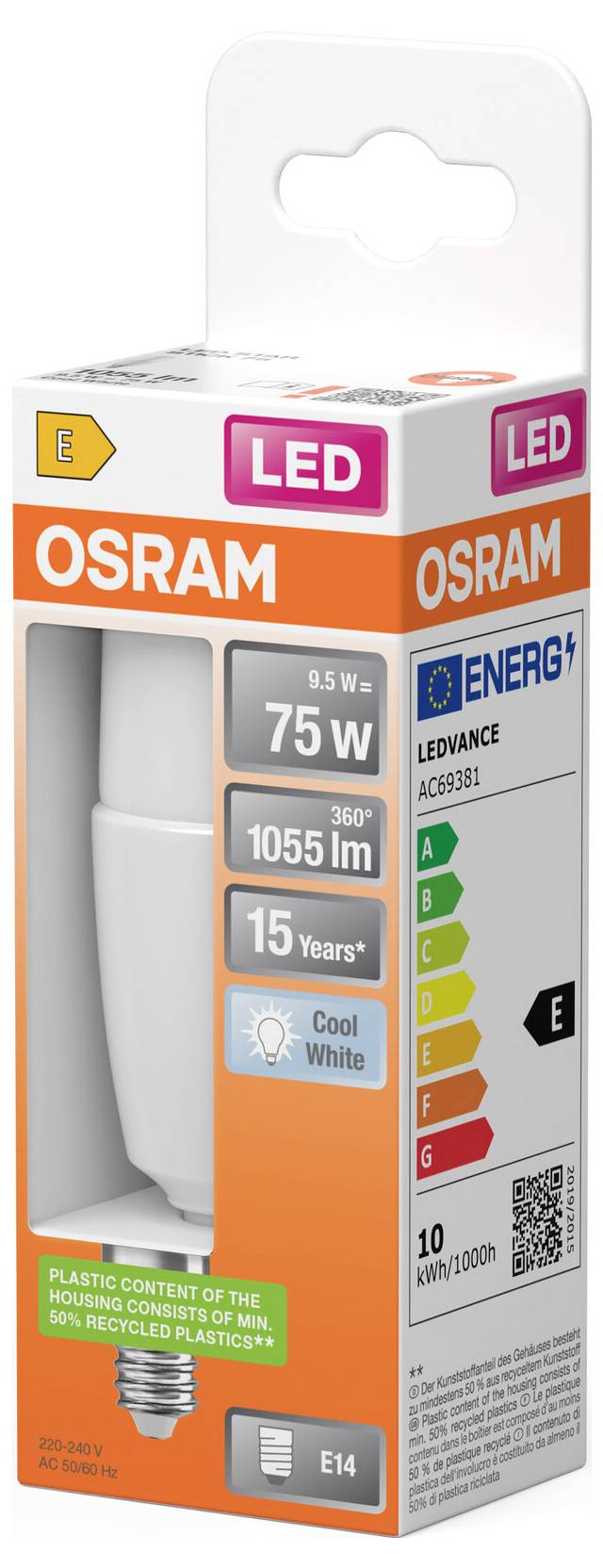 OSRAM LED-Glühbirne, Verpackung mit der Bezeichnung 9,5 W, 75-W-Äquivalent, 1055 lm, Kaltweiß, E14-Sockel, 15 Jahre Lebensdauer, Energieklasse E.