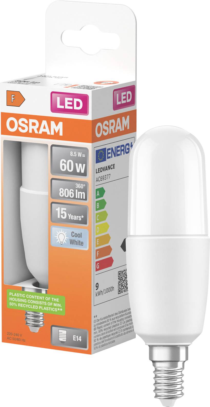 OSRAM LED-Glühbirne in Verpackung, gekennzeichnet als 60-W-Äquivalent, 806 lm, 8,5 W, Kaltweiß, E14-Sockel, Energieeffizienzklasse A.