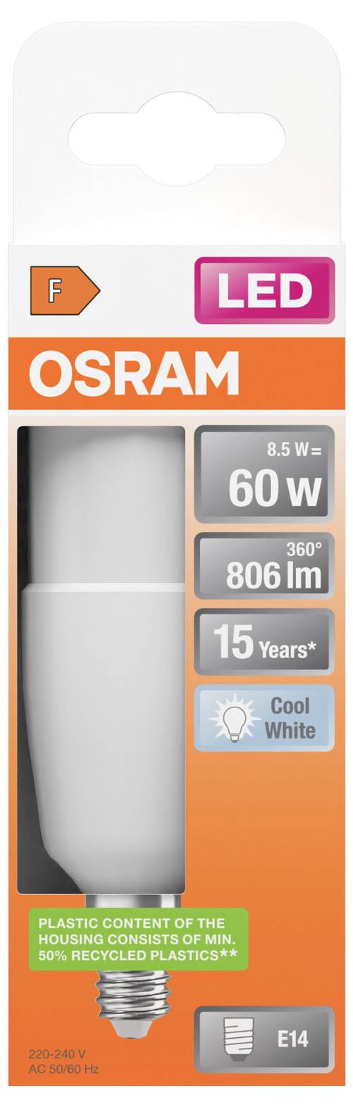 OSRAM LED-Glühbirne, 8,5 W entspricht 60 W, 806 Lumen, 15 Jahre, Kaltweiß, E14-Sockel.