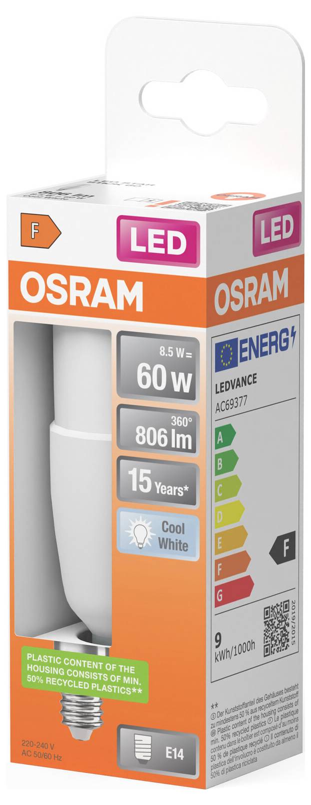 OSRAM LED-Glühbirne Verpackung mit einer 6W Kaltweiß-Glühbirne mit 806 lm Leuchtstrom, 15-jähriger Lebensdauer, E14-Sockel und Energieeffizienzklasse F.
